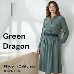 Green Dragon Women's Sage Green 100% Silk Long Roll Up Sleeve Pockets Dress
